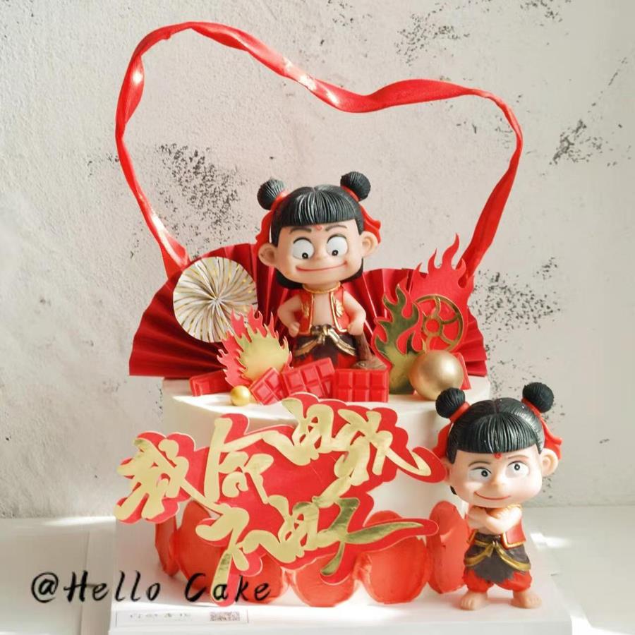 哪吒生日蛋糕装饰魔童降世小魔王公仔摆件熬丙哪咤手办风火轮插件