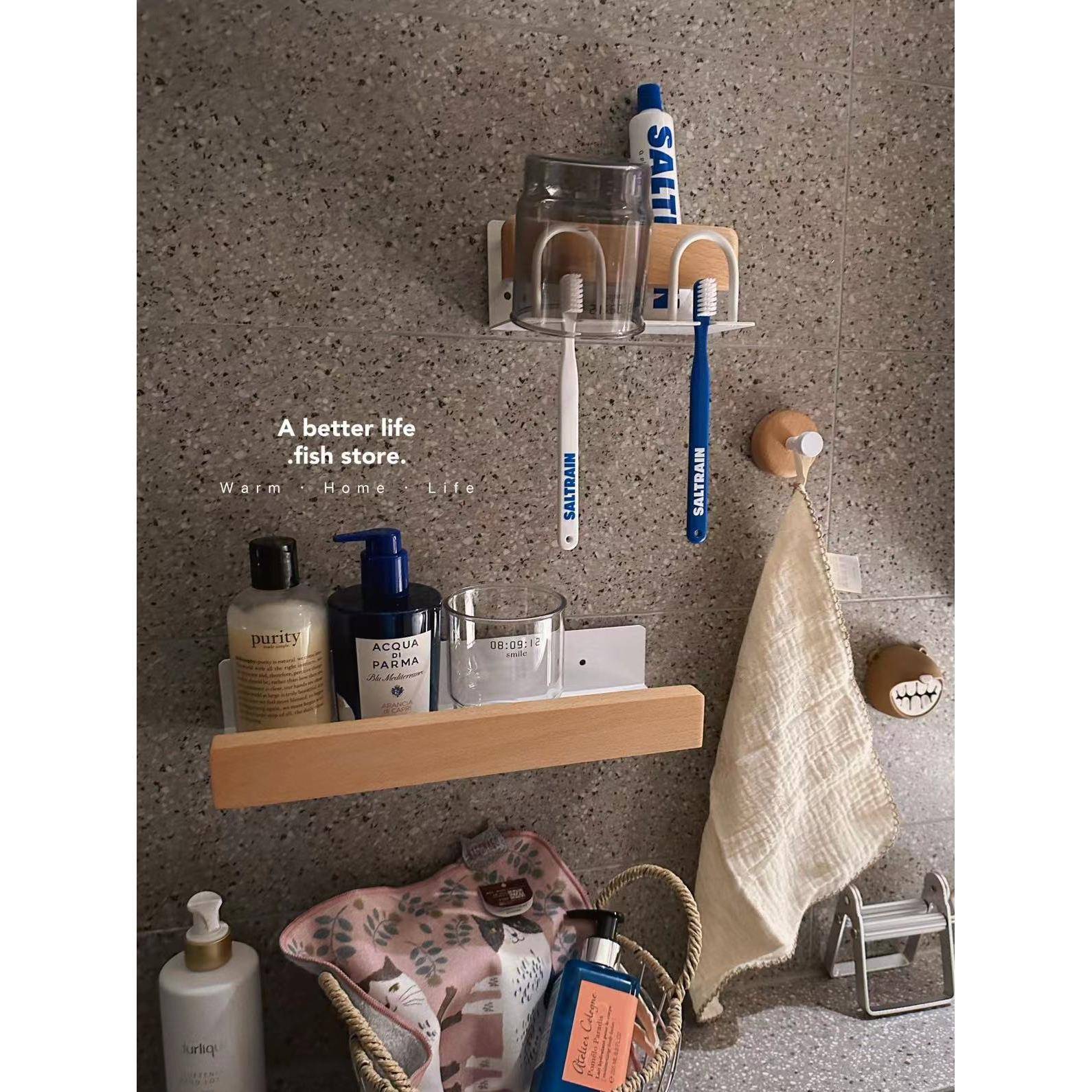 *鱼店*浴室实木储物架没有打孔和粘贴剃刀牙杯架脸盆储物架