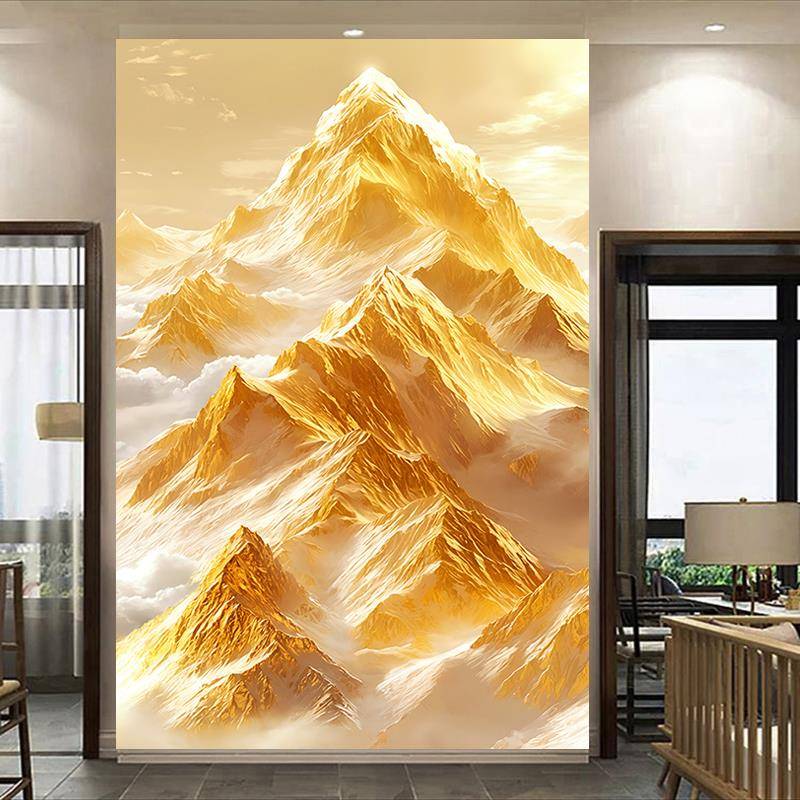 日照金山图背有靠山客厅玄关装饰画有山无水墙贴壁画招财风水自粘