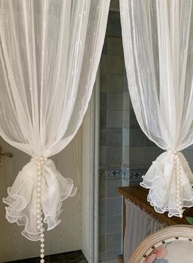 法式条纹花边窗纱纱帘窗帘白色纱蕾丝纱飘窗免打孔自粘式隔断门帘