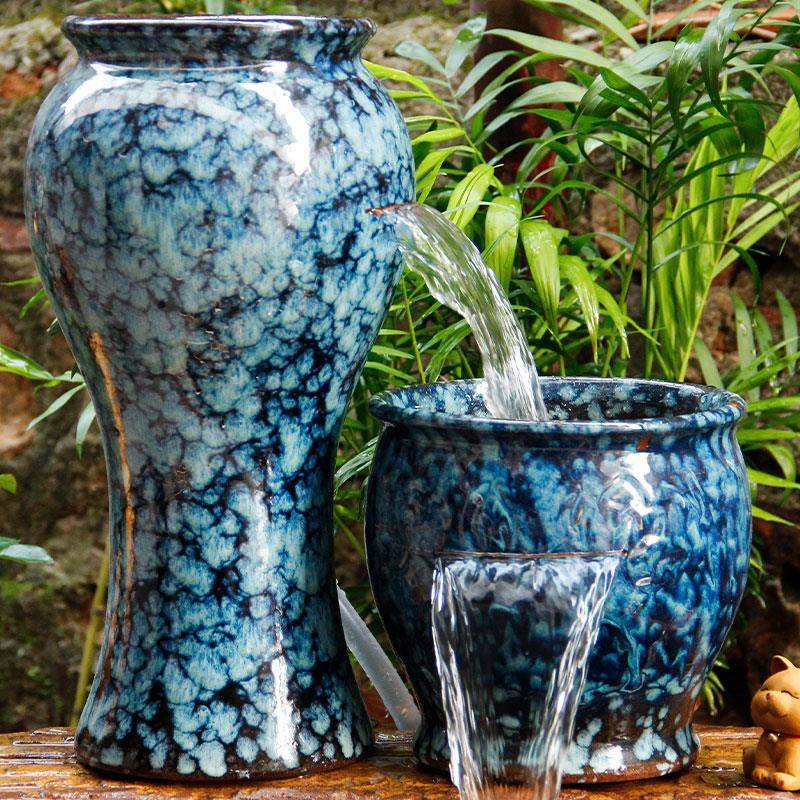 古法缸流水瀑布养鱼循环增氧民宿酒店摆件过滤器无孔水培造景陶罐