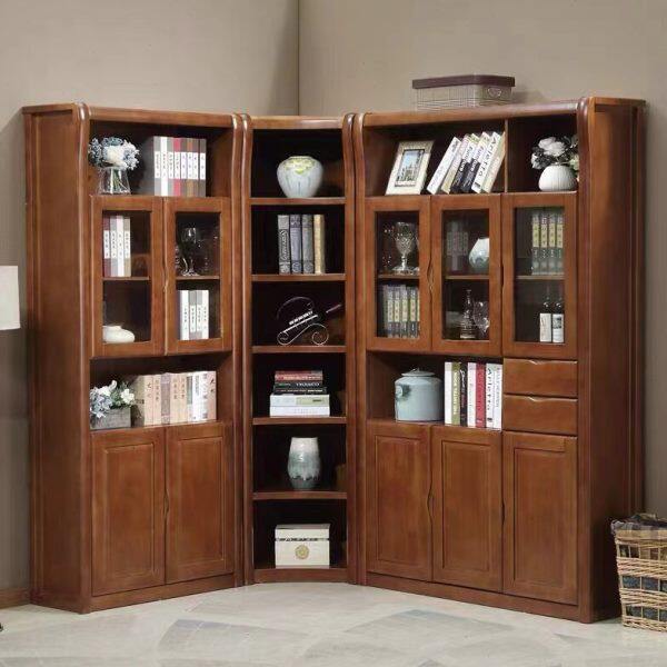 实木书柜转角书橱书架落地家用带玻璃门组合墙角办公室书柜文件柜