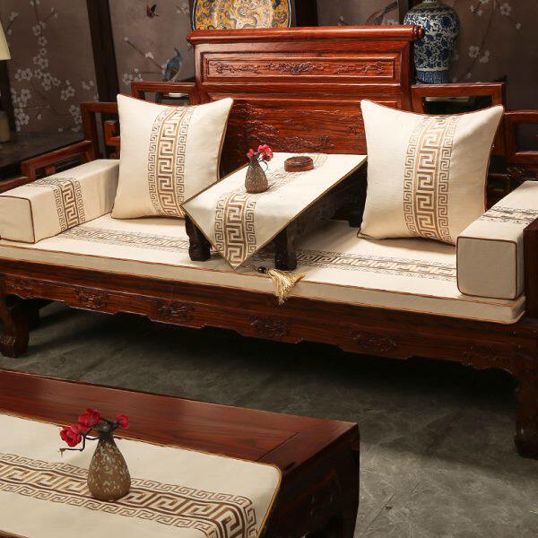 红木沙发坐垫中式棉麻椅垫实木家具垫带靠背加厚罗汉床垫子五件套