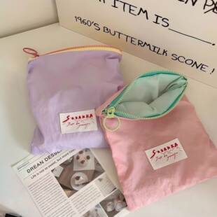 化妆包便携外出薄款马卡龙撞色口红化妆品收纳袋高颜值简约拉链包