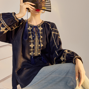新品 宽松刺绣文艺轻奢上衣 百搭轻薄时尚 新中式 N5071 衬衫 国风夏季