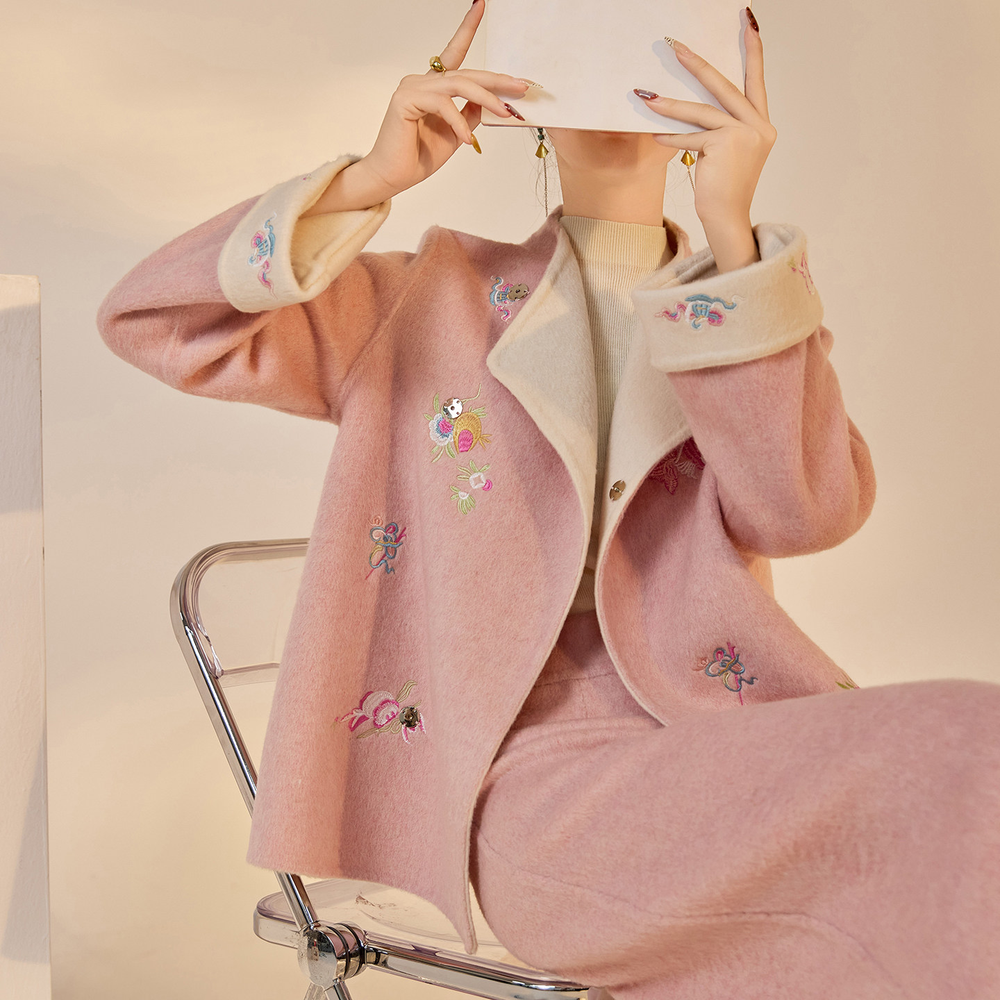 新中式轻奢刺绣双面呢羊毛上衣国风复古毛呢外套半裙套装女 NY027,女装/女士精品,时尚套装,淘宝优惠券,粉丝福利购,淘宝优惠卷