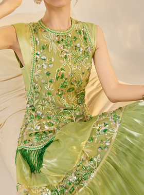 新中式轻国风版钉珠刺绣亮片气质长裙轻奢高级感流苏连衣裙 N6053