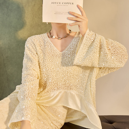 新中式时尚亮片毛球衬衫半裙套装