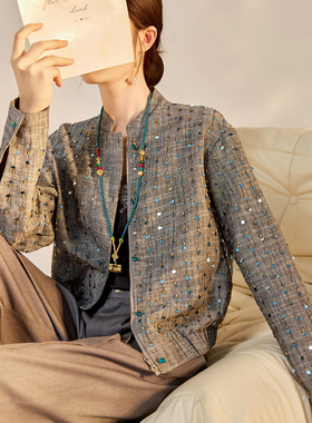 新中式重工钉珠气质立领棉麻外套国风优雅时尚百搭长裤套装 N9006