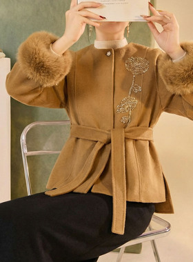 新中式双面呢羊毛大衣高端狐狸毛领重工刺绣钉珠毛呢外套女 NZ060