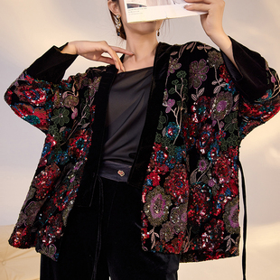 丝绒外套 新中式 国风上衣五彩繁花重工珠片绣系带款 新款 M3041 秋季
