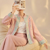 新中式 重工绣花粉蓝色双面穿羊毛呢外套高端气质毛呢大衣女 NY062