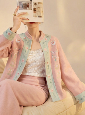 新中式重工绣花粉蓝色双面穿羊毛呢外套高端气质毛呢大衣女 NY062