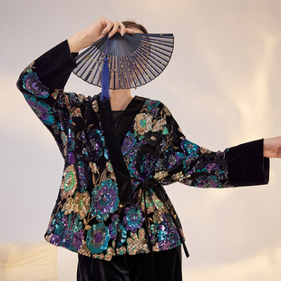 丝绒外套 新中式 国风上衣五彩繁花重工珠片绣系带款 新款 M3041 秋季