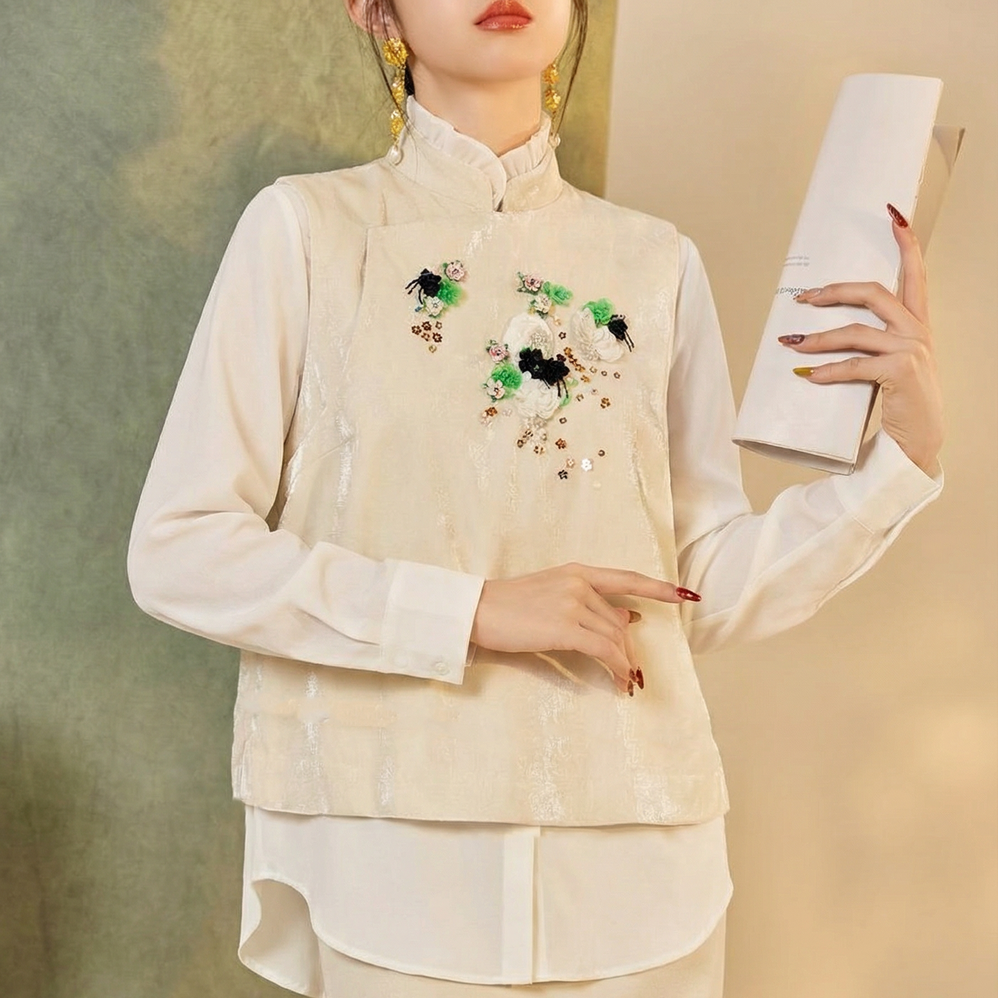 新中式国风重工钉珠珠绣设计感马甲白色立领衬衫半裙套装女 NZ019,女装/女士精品,时尚套装,淘宝优惠券,粉丝福利购,淘宝优惠卷