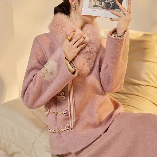 国风刺绣盘扣羊毛呢外套半裙套装