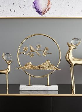 新中式铜鹿屏风摆件入户玄关招财家居乔迁礼物精致饰品天然大理石