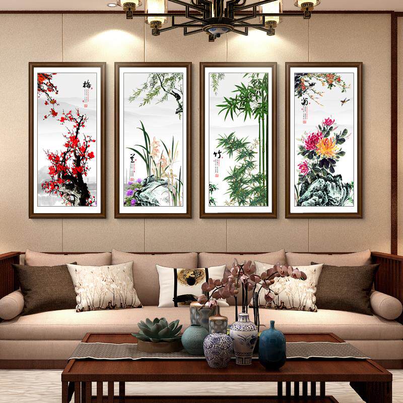 新中式梅兰竹菊挂画客厅装饰画沙发背景墙壁画茶室餐厅四条屏墙画