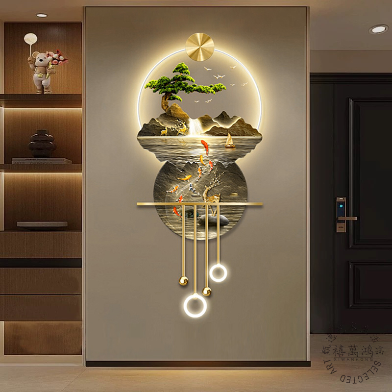 九鱼图入户玄关装饰画带灯山水画