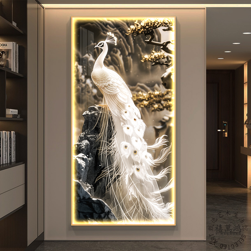 孔雀玄关装饰画2025新款轻奢高级感入户正对门走廊尽头壁灯挂画