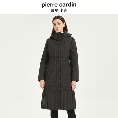 皮尔卡丹女装冬季新款黑色中长款连帽收腰时尚羽绒服CD54YL011