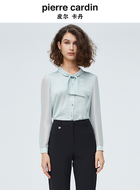 皮尔卡丹女装秋季新款法式长袖纯绿色气质飘带打底衬衫小个子外搭