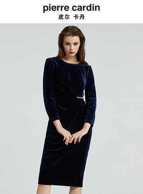 【商场同款】皮尔卡丹女高端轻奢质感蓝色丝绒宴会礼服通勤连衣裙