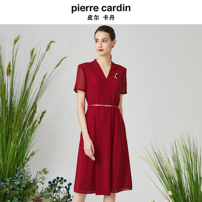 皮尔卡丹夏季新款红色V领连衣裙