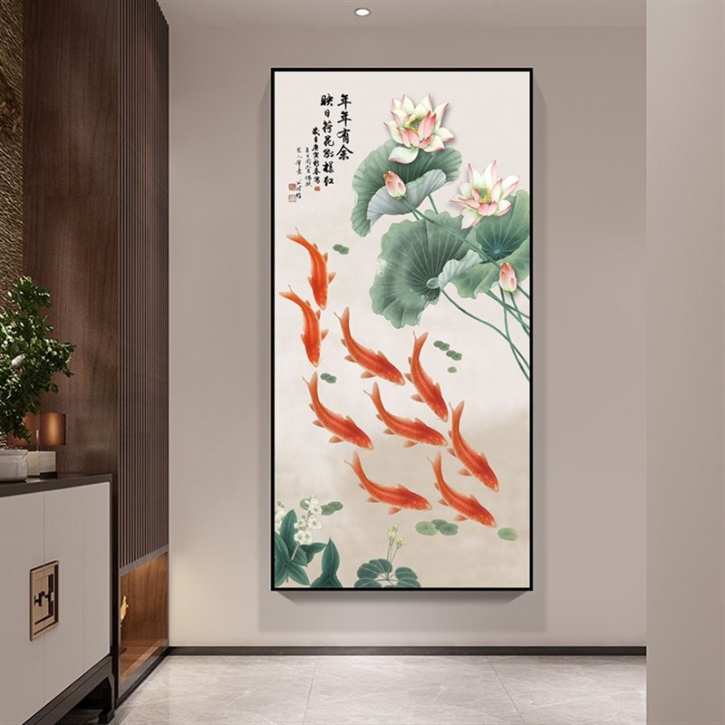 极速荷花九鱼图装饰画 s新中式饭厅墙面装饰玄关饭厅壁画 九鱼图图片