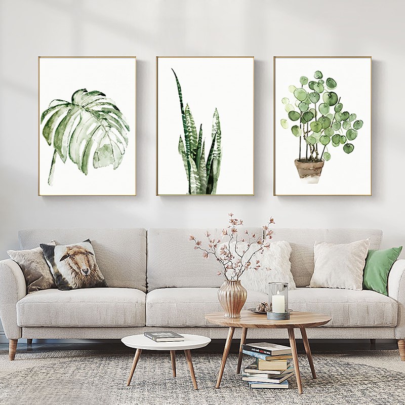 极速绿叶北欧客厅装饰画现代简约沙发背景墙挂R画植物三联树叶壁图片