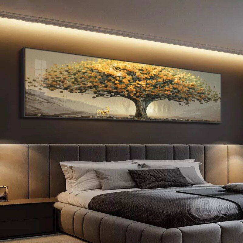 晶瓷镶钻客厅装饰画发财树沙发背景墙壁画麋鹿寓意好卧室床头挂画