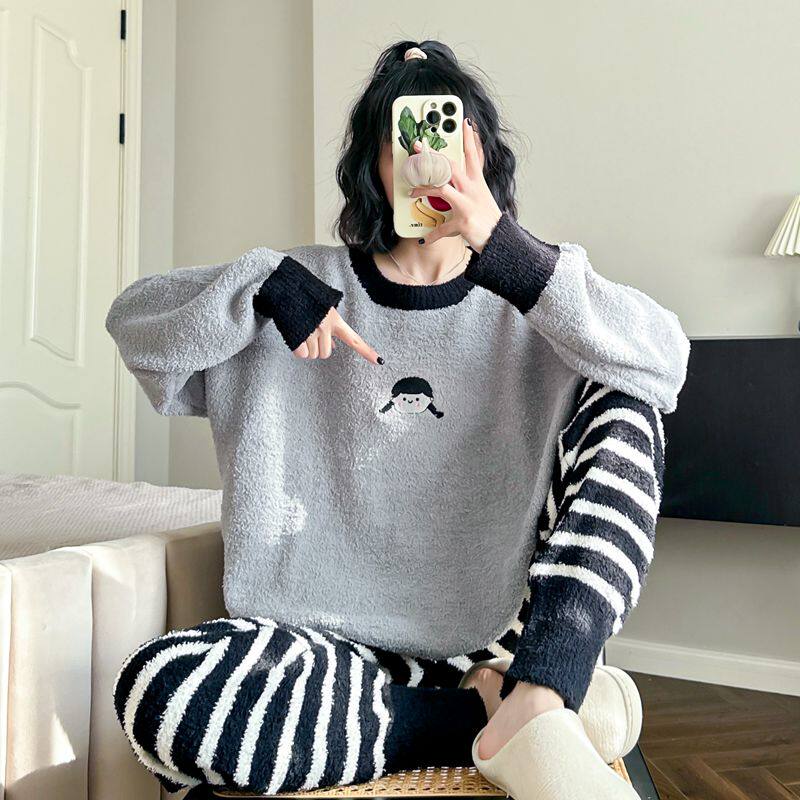 可爱女孩睡衣女秋冬季半边绒加绒加厚保暖新款可外穿珊瑚绒家居服