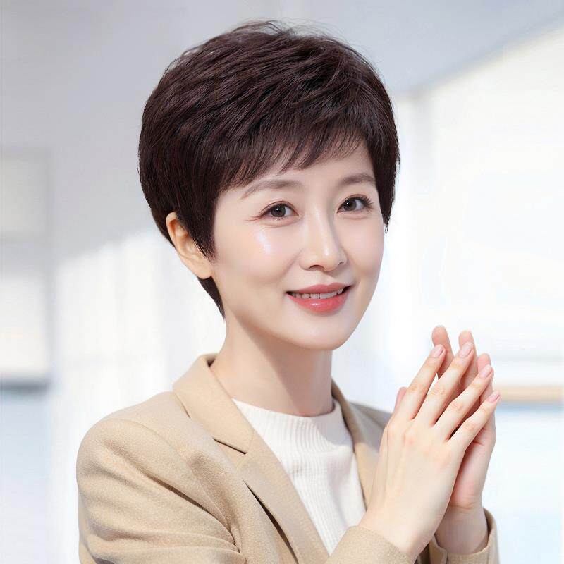假发女士日常整顶短发妈妈自然蓬松真人发全头套中老年全真发减龄