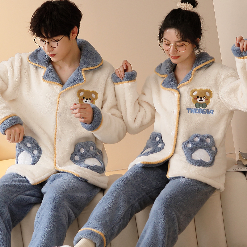 情侣睡衣女冬季珊瑚绒加绒加厚男士保暖冬天法R兰绒可爱居家服套