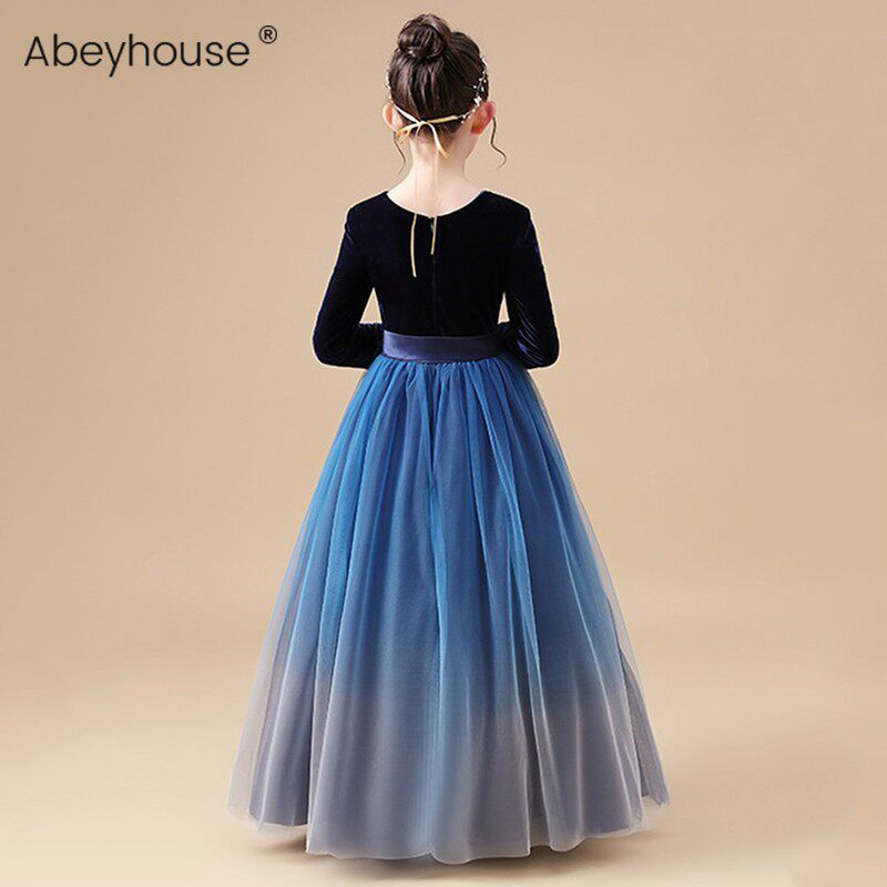 女童长款晚礼服钢琴演p出服儿童合唱团主持人公主裙蓬蓬纱丝绒长