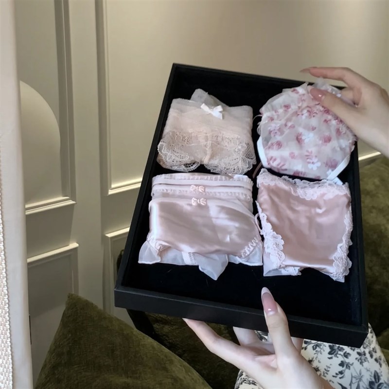 《恋爱气息》粉i色蕾丝网纱纯棉裆内裤女低腰蝴蝶结绑带女生三角