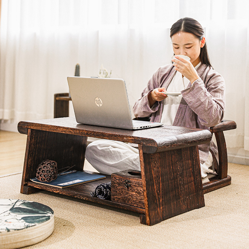 实木中式茶桌飘窗小茶台家v用榻榻米茶几可折叠插板桌阳台移动矮