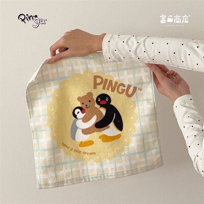 富山商店 x Pingu企鹅家族可爱黄色格纹毛巾A类100.%棉洗脸巾