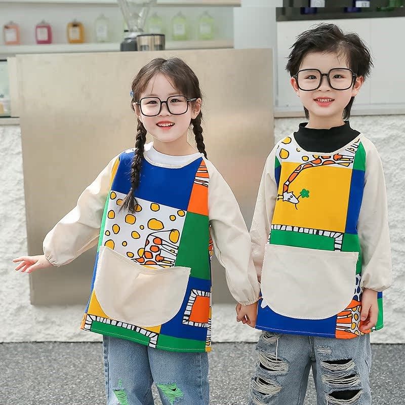 儿童罩衣绘画透气围裙画画写毛笔字防水防脏厨房吃饭围W兜印制log