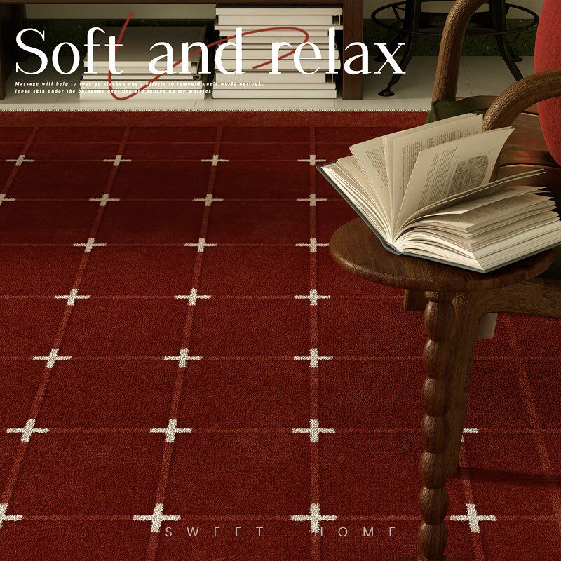 安可拉红色c复古地毯客厅2024秋冬新款复古格子沙发茶几卧室床边