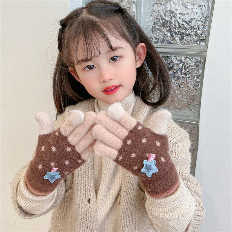 秋冬季儿童手套小孩女孩保暖女童男童加绒毛线宝宝针织.五指套冬