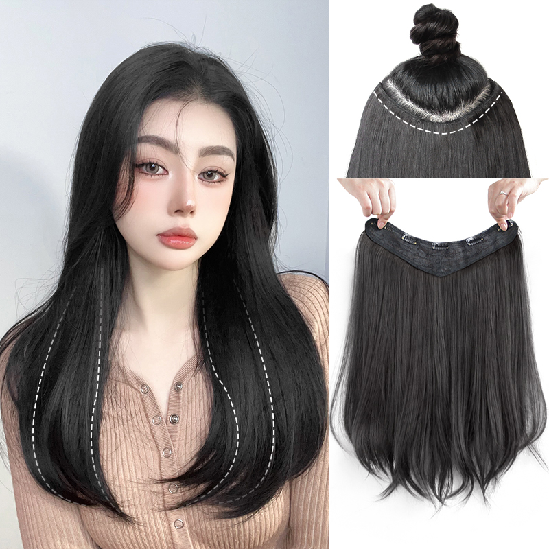 一片式假发微卷发尾内扣接发片女中长发隐形蓬松增发Y量u型假发片