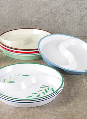 密胺分格盘子两格双隔太极菜盘分餐盘塑料K餐盘鸳鸯盘双拼碟子商