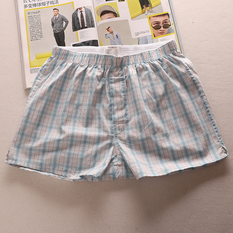日系小清b新风格纯棉格子男士阿罗裤前开口宽松平角内裤家居裤睡