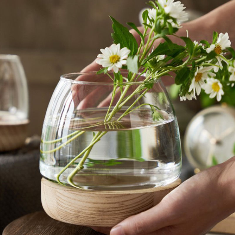 透明玻璃鱼缸f创意圆形办公室木托斗鱼缸小型客厅家用生态小金鱼