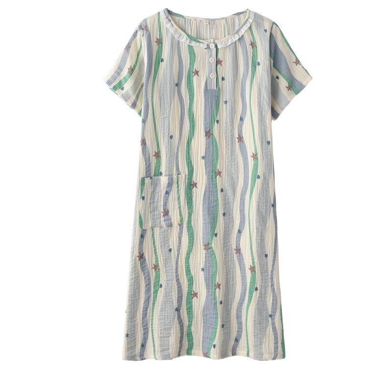 蓝条多巴胺蕾丝花边睡裙女夏季纯棉纱G布轻薄款短袖裙子家居服睡