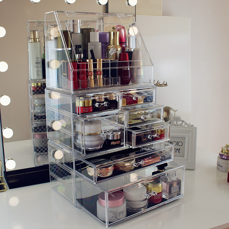 超大号化妆品收j纳盒桌面梳妆台宿舍透明亚克力护肤品架防尘有盖