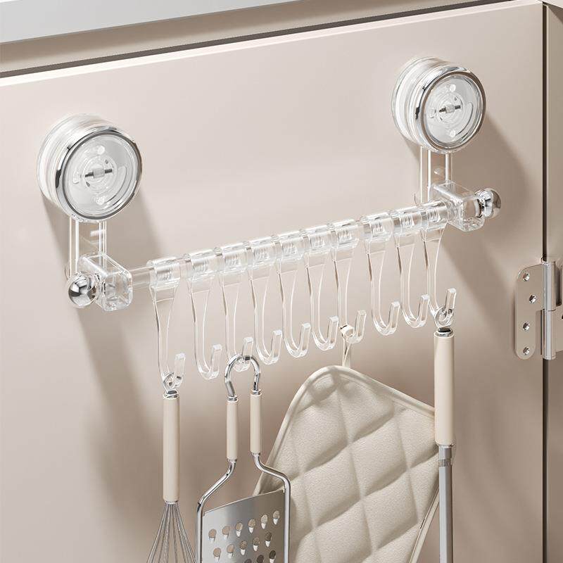 浴室吸盘挂钩一排壁挂免打孔滑轨排钩厨房橱柜勺子铲子收纳置物架