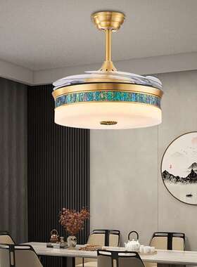 新式全铜厅云石隐形风扇吊家灯中现代中国风用餐厅卧FPG室客云石