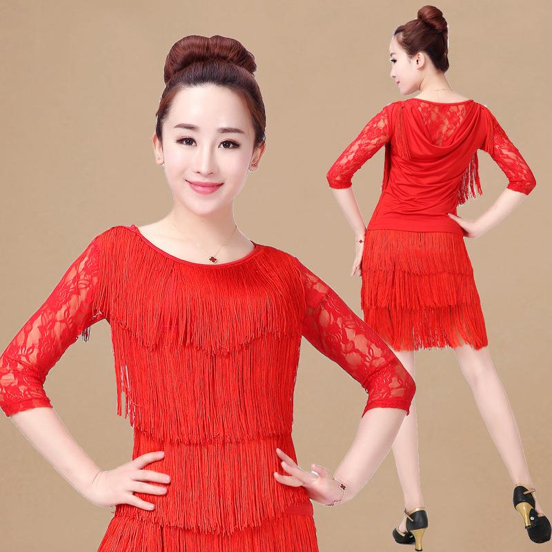 广场舞服装上衣春款流苏七分袖大码女拉丁舞服装女成人舞蹈服修身